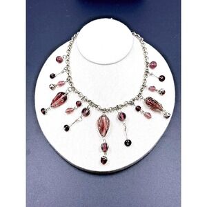 Vintage Purple Glass Bead Fringe Bib Statement Necklace Wire Wrapped Toggle